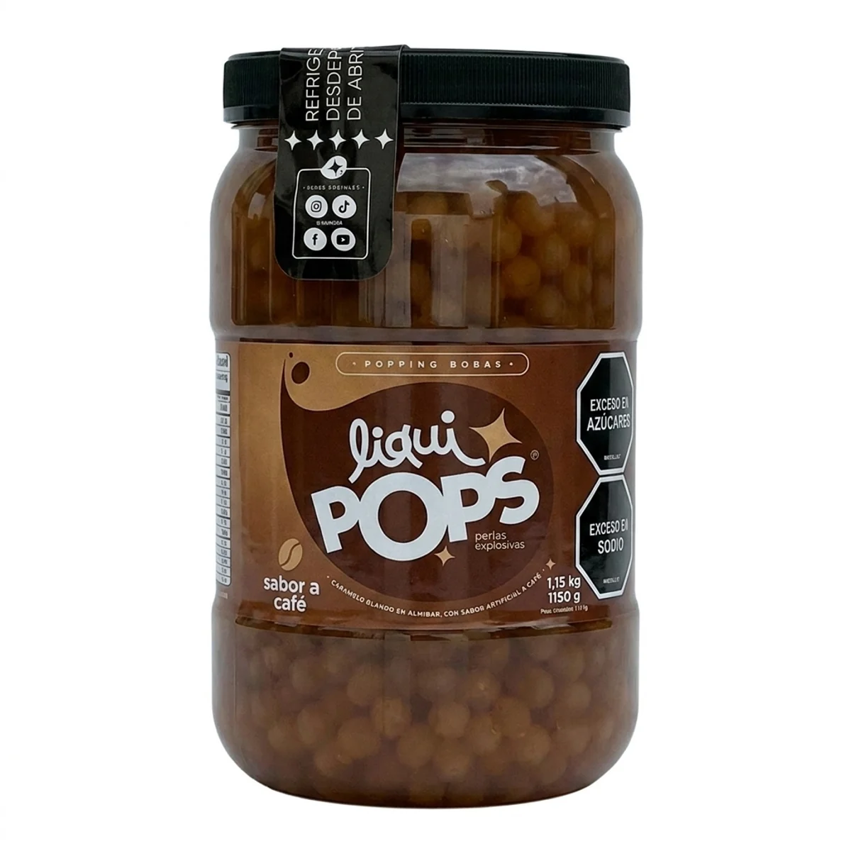 Tarro LiquiPops cafe 1150g — perlas explosivas en almíbar, fondo blanco